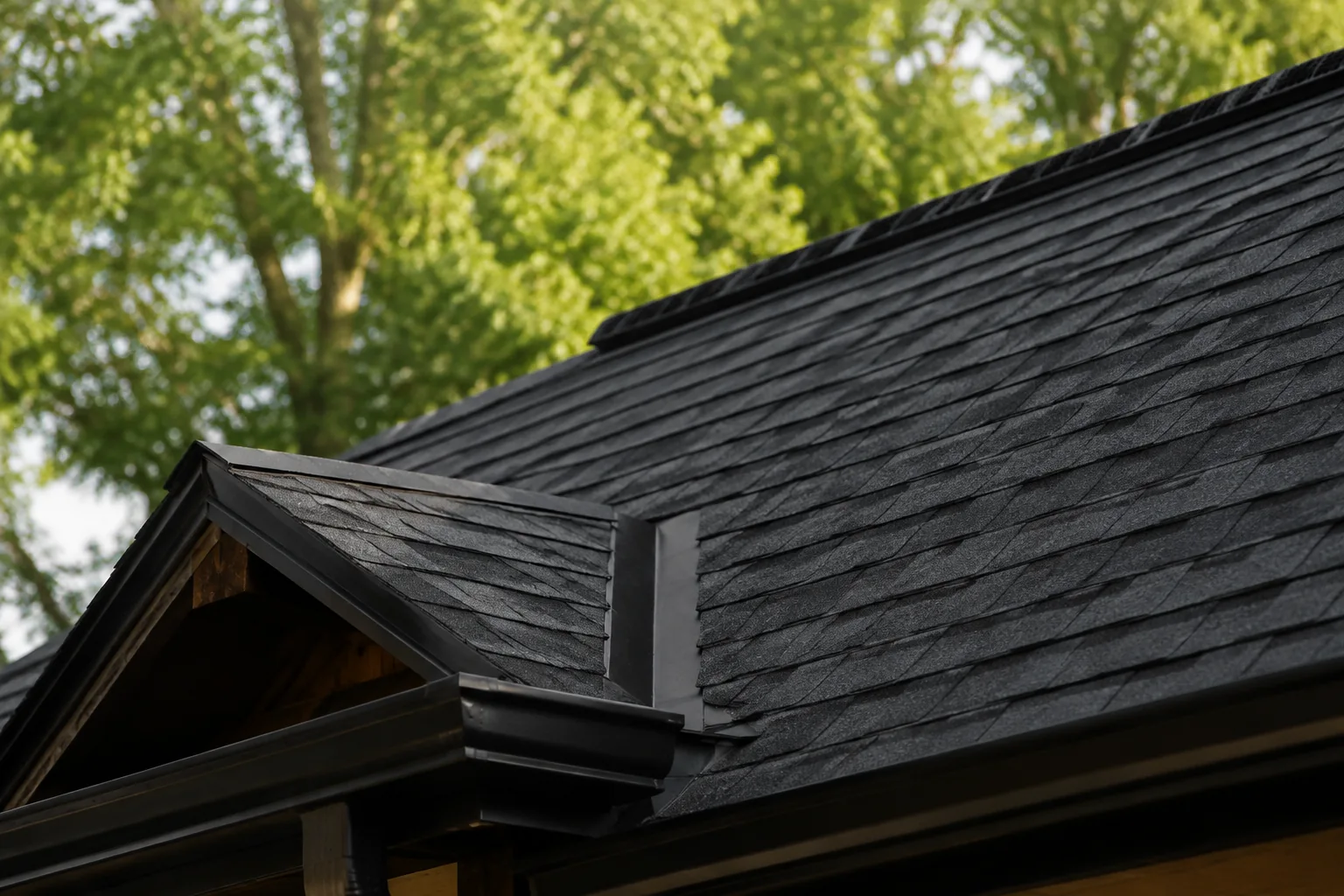Close view of shingles where a dormer meets the main roof