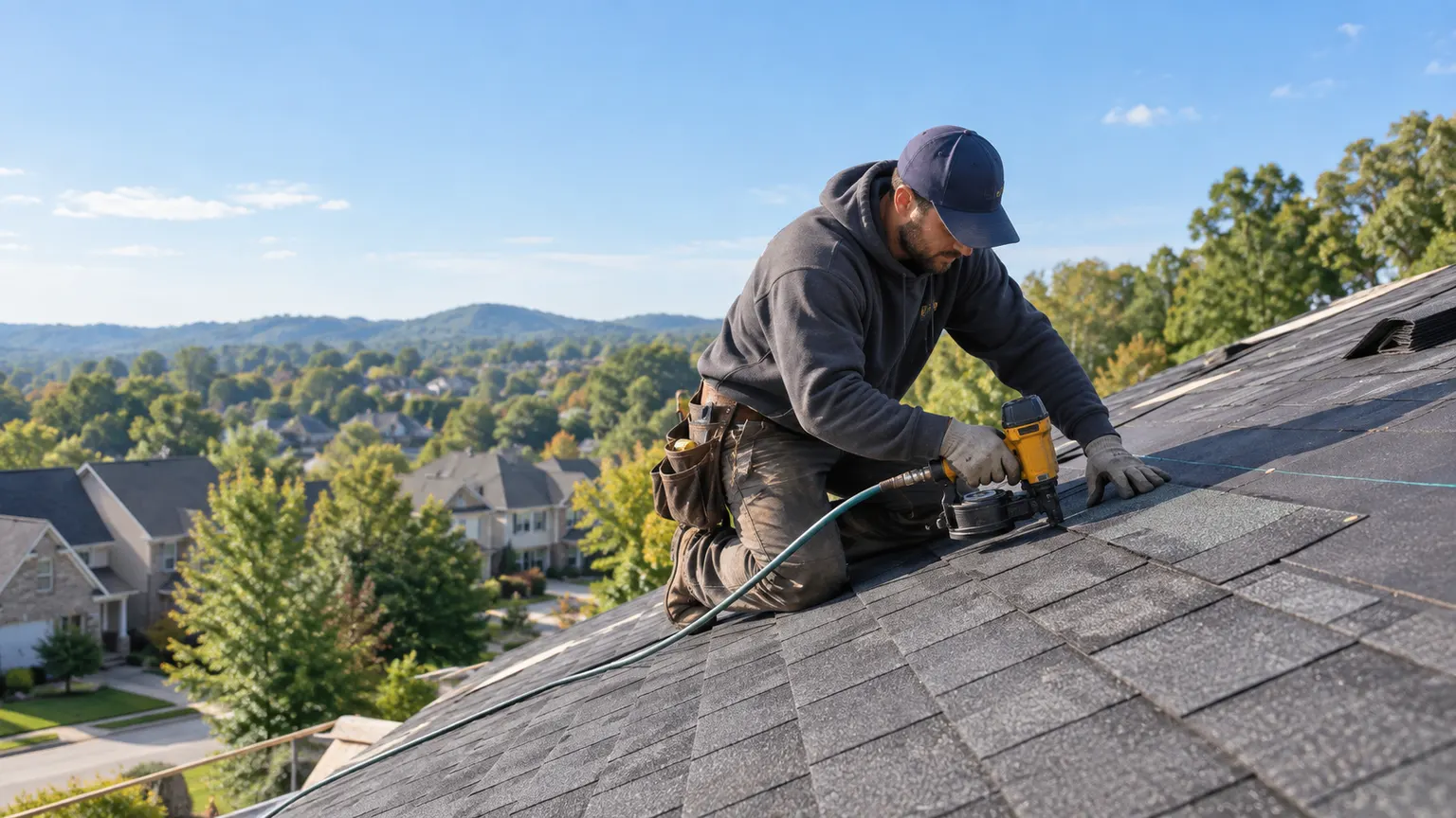 A roofer fastening asphalt shingles on a house